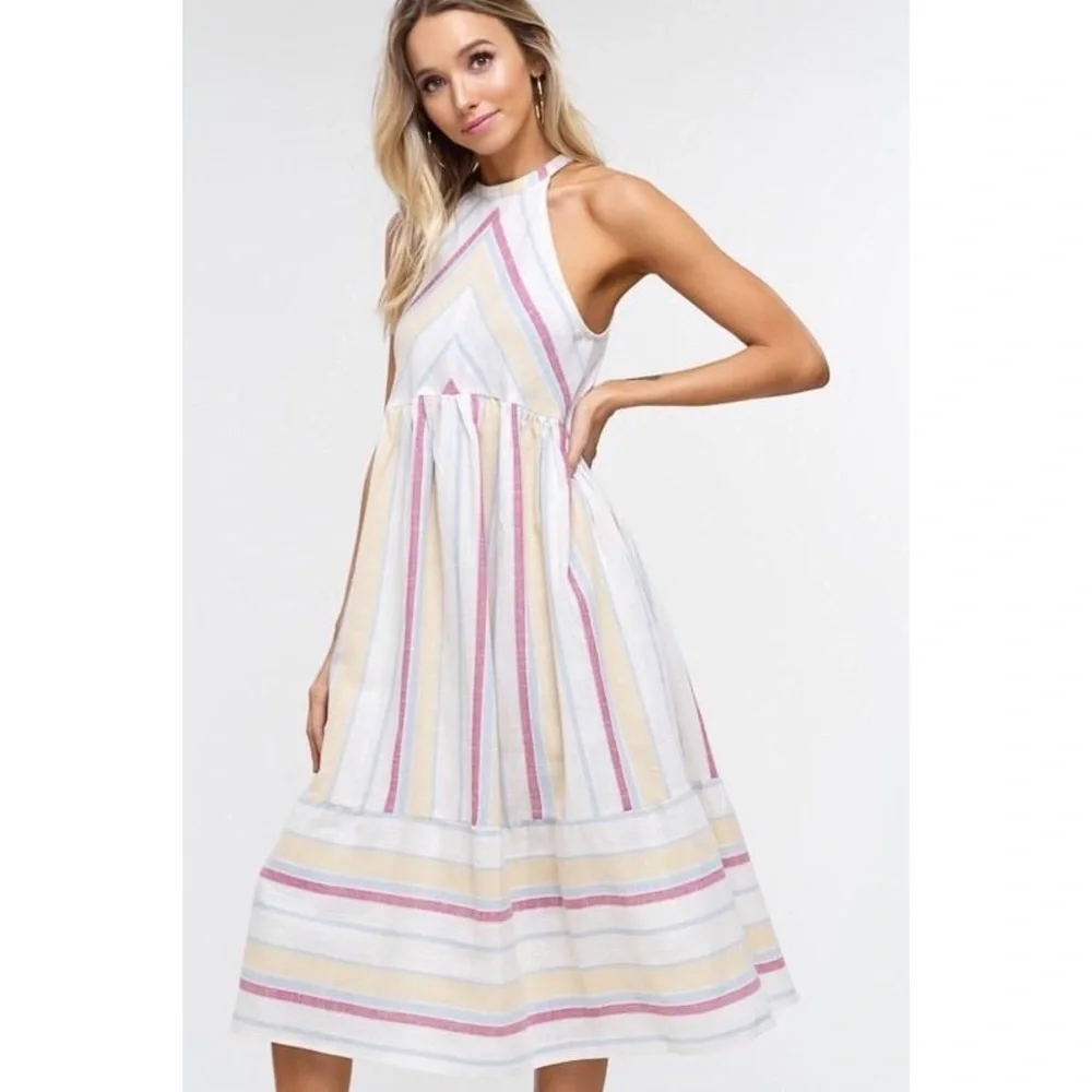 Ivory Multi Color Striped Woven High Neck Dress